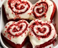 Red Velvet Cinnamon Roll Hearts topped with cream cheese icing on a plate.