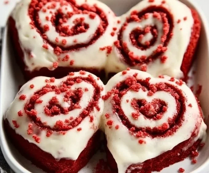 Red Velvet Cinnamon Roll Hearts topped with cream cheese icing on a plate.