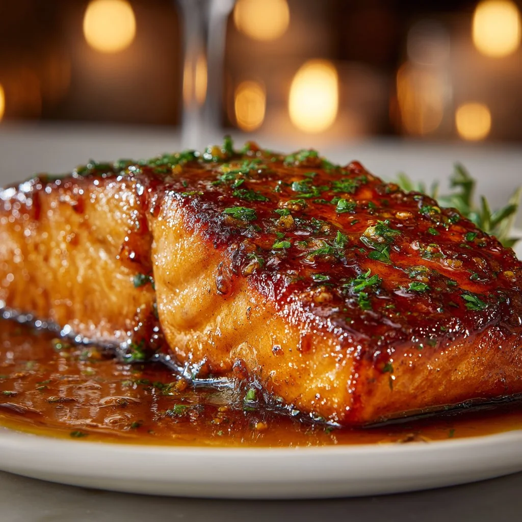 Salmon fillet glazed with bourbon sauce, garnished with herbs for a delicious meal.