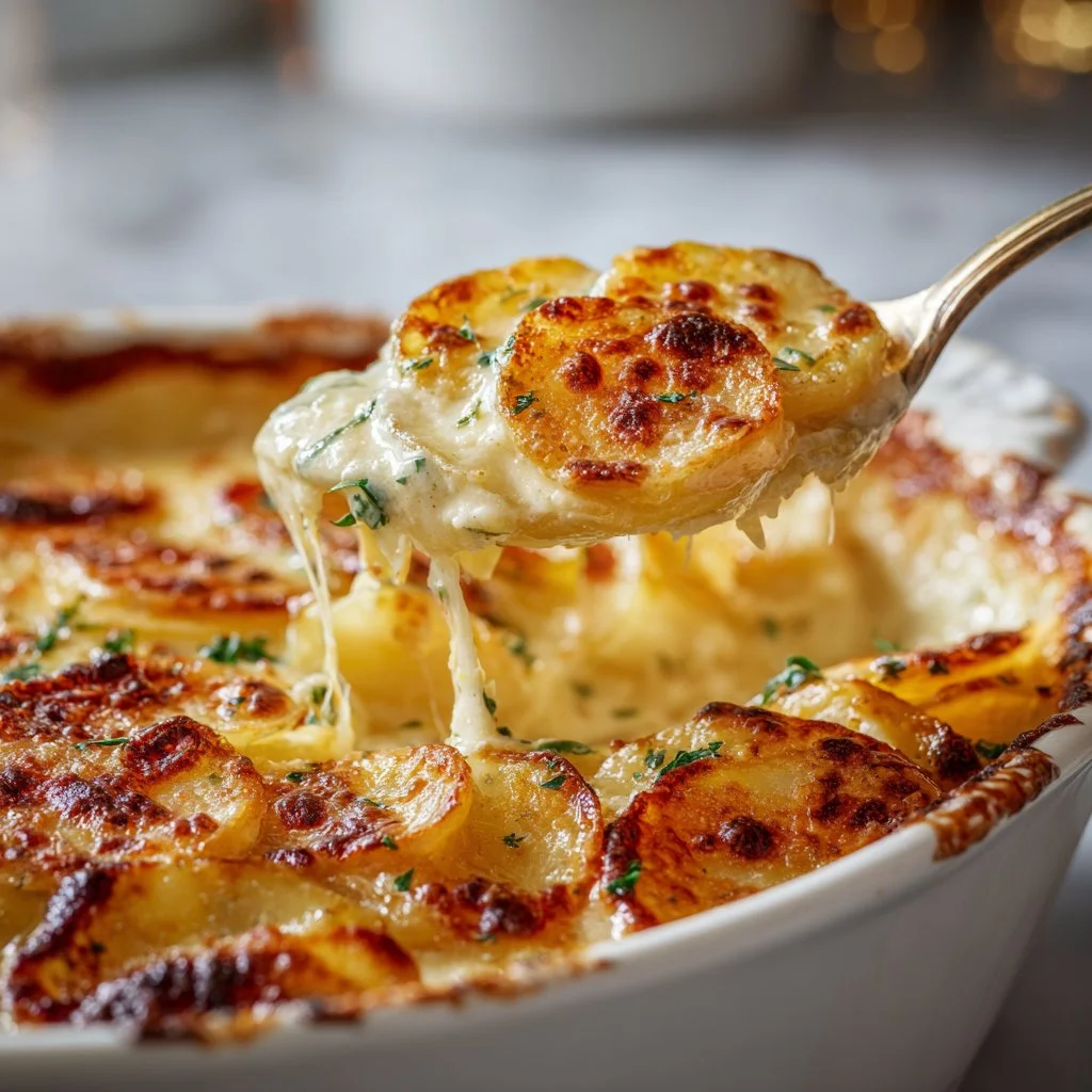 Delicious scalloped potatoes baked with cheese and cream