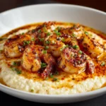 Delicious shrimp and grits served in a bowl with garnishes and herbs