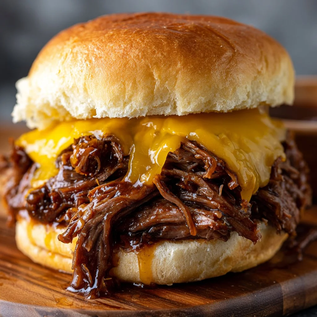 Slow cooker beef sandwich with tender beef and fresh toppings