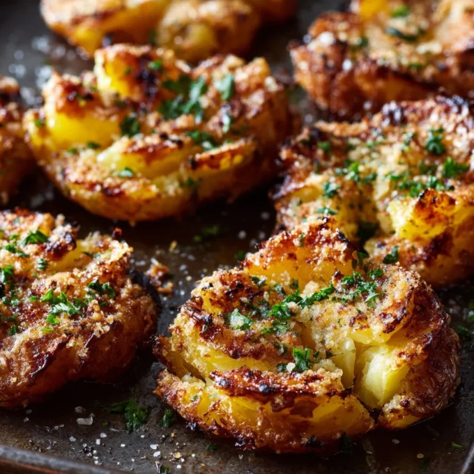 Deliciously smashed potatoes garnished with herbs and spices.