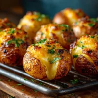 Deliciously crispy smashed potatoes served with herbs and seasoning.