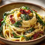 Plate of spaghetti with spinach and sun-dried tomato cream sauce