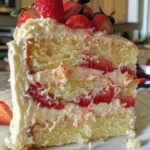Slice of Strawberry Lemon Cream Cheese Cake with fresh strawberries