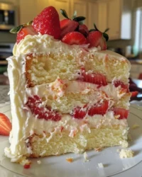 Slice of Strawberry Lemon Cream Cheese Cake with fresh strawberries