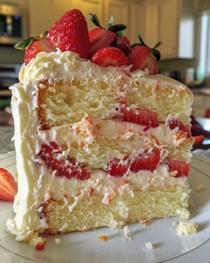 Slice of Strawberry Lemon Cream Cheese Cake with fresh strawberries