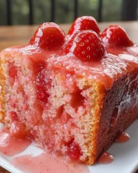 Delicious strawberry pound cake with a vibrant strawberry glaze on top