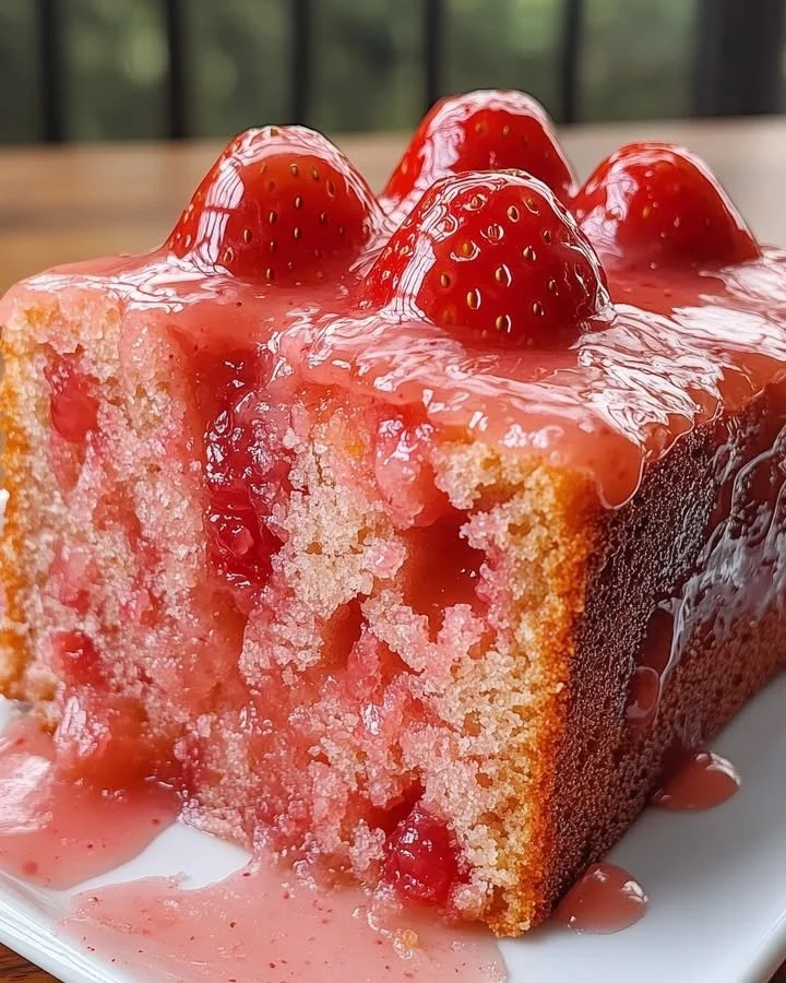 Delicious strawberry pound cake with a vibrant strawberry glaze on top