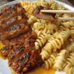 Delicious Velveeta Chicken Rotini served in Creamy Garlic Parmesan Alfredo sauce