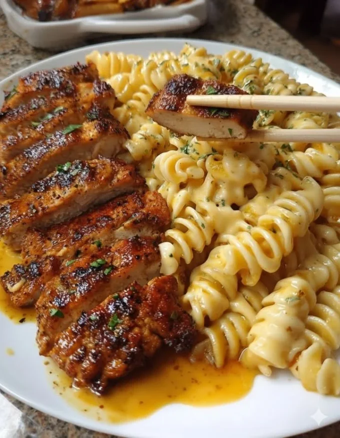 Delicious Velveeta Chicken Rotini served in Creamy Garlic Parmesan Alfredo sauce