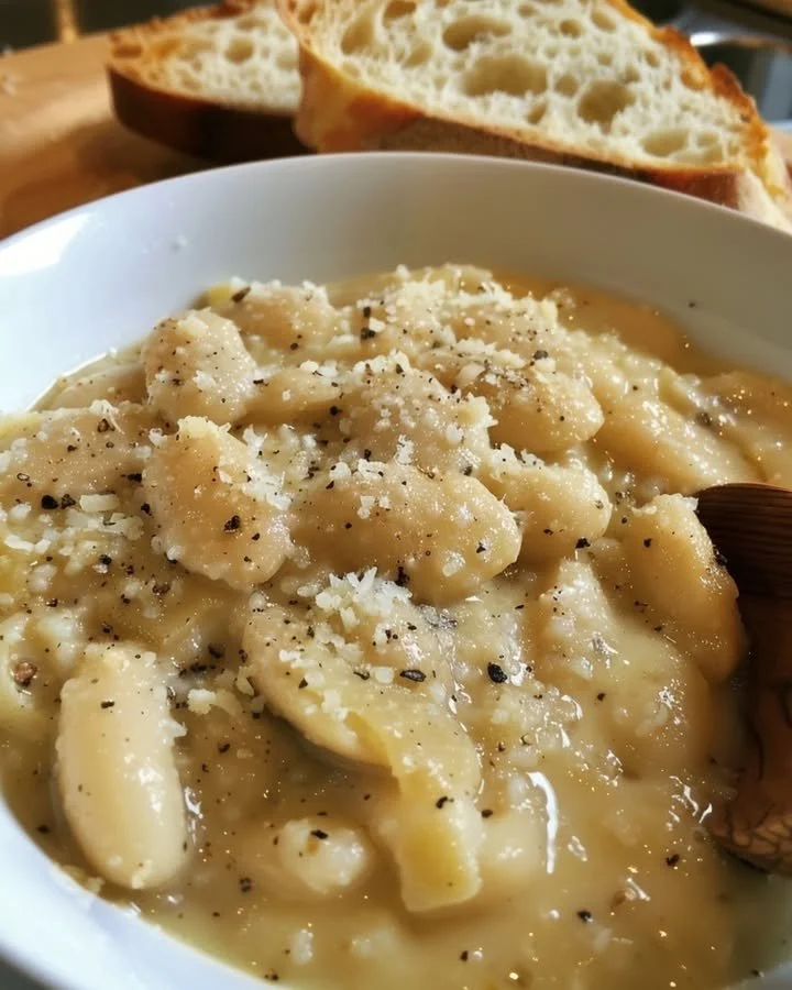 White Beans Cacio e Pepe Style dish served in a bowl with cheese and pepper