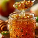 Jar of homemade Apple-Honey Jalapeño Pepper Jam with fresh jalapeños and apples