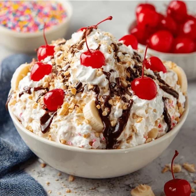 Delicious Banana Split Fluff Salad served in a bowl with fresh fruits and whipped cream.