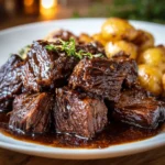 Juicy and tender Beef Chuck Roast served with vegetables and gravy