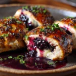 Blackberry pepper jack stuffed chicken rolls ready to serve on a plate
