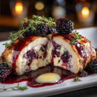 Deliciously prepared blackberry ricotta stuffed chicken breast with vibrant toppings.