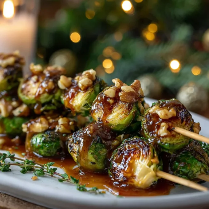 Caramelized Brussels sprouts Christmas skewers on a rustic wooden table