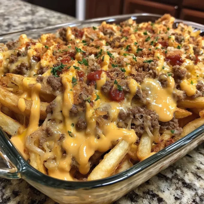 Cheeseburger casserole with ground beef, cheese, and pasta in a baking dish