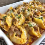 Cheesy taco stuffed pasta shells topped with melted cheese and fresh herbs