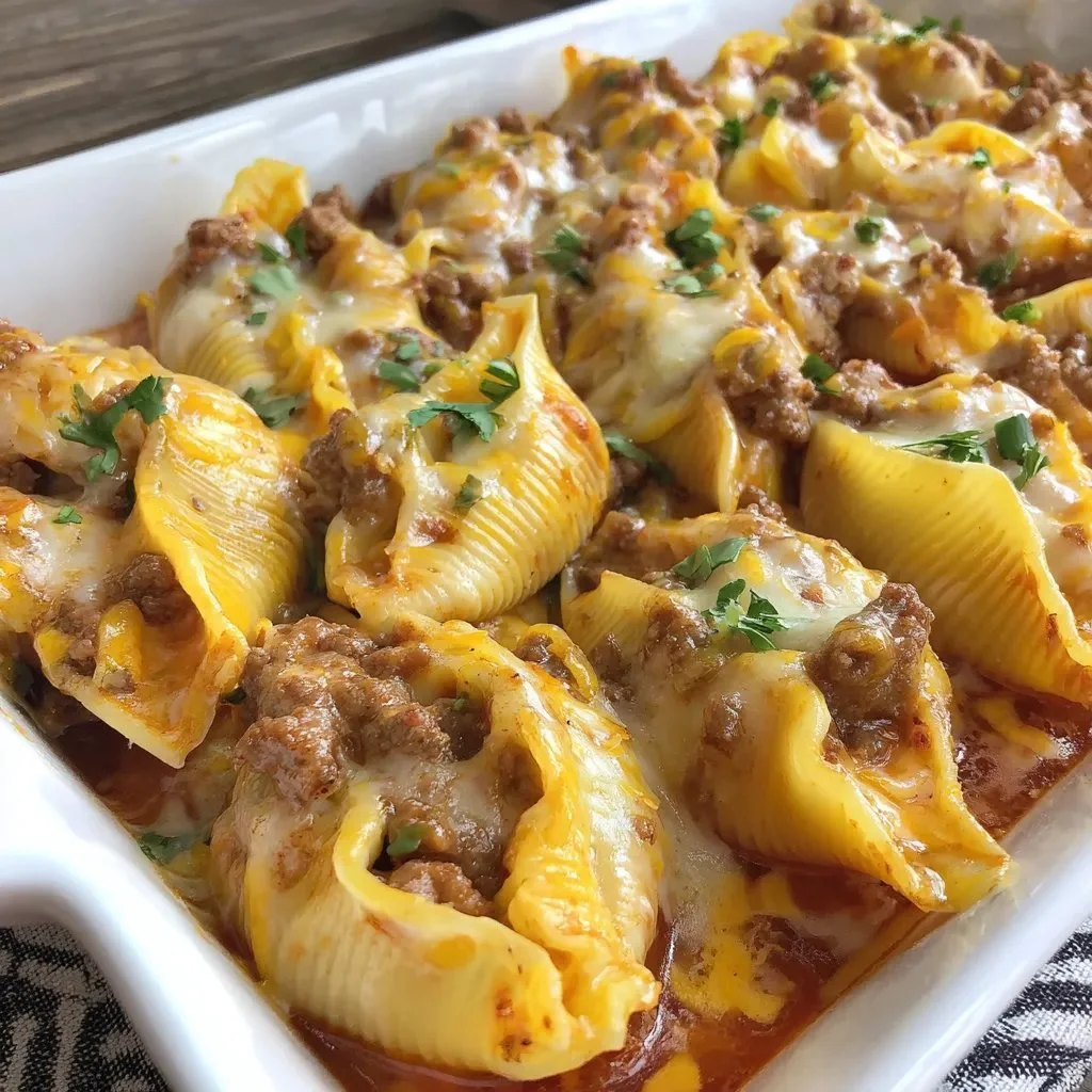 Cheesy taco stuffed pasta shells topped with melted cheese and fresh herbs