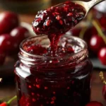 Homemade Cherry Bourbon Jam in a jar with fresh cherries and bourbon bottles