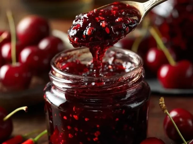 Homemade Cherry Bourbon Jam in a jar with fresh cherries and bourbon bottles