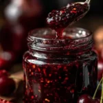Cherry–Chipotle Firecracker Jam in a jar with cherries and chipotle peppers