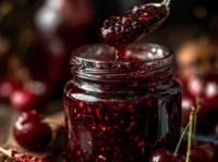 Cherry–Chipotle Firecracker Jam in a jar with cherries and chipotle peppers