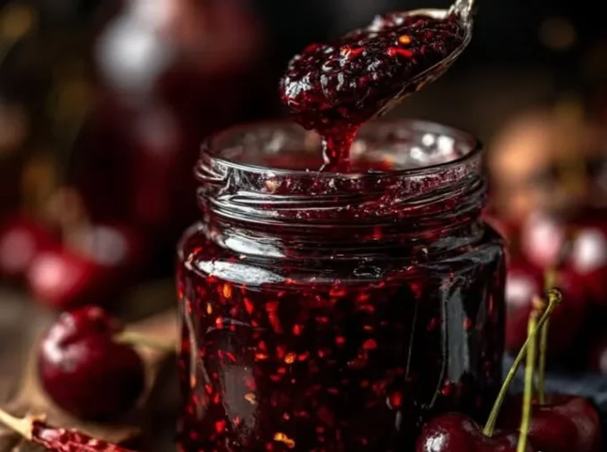 Cherry–Chipotle Firecracker Jam in a jar with cherries and chipotle peppers