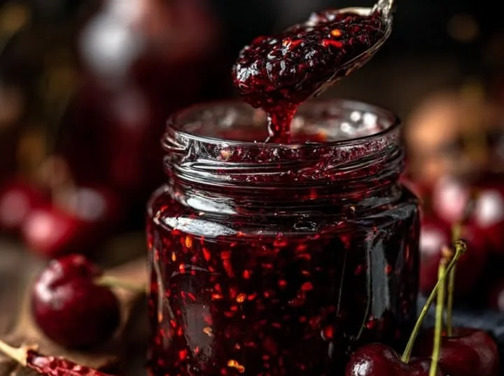Cherry–Chipotle Firecracker Jam in a jar with cherries and chipotle peppers