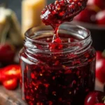 Jar of homemade cherry jam with fresh cherries and biscuits on a wooden table