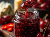Jar of homemade cherry jam with fresh cherries and biscuits on a wooden table