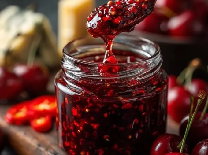 Jar of homemade cherry jam with fresh cherries and biscuits on a wooden table