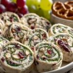 Chicken Cranberry Salad Pinwheel Sandwiches ready to serve on a platter