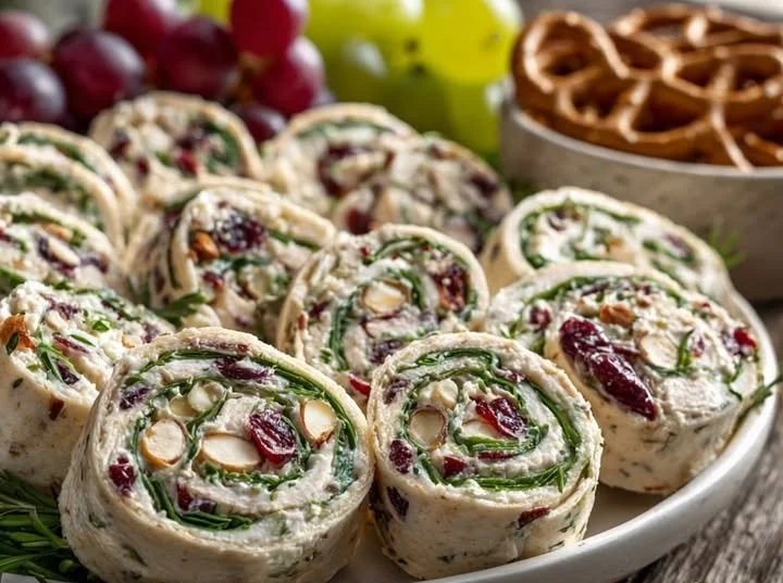 Chicken Cranberry Salad Pinwheel Sandwiches ready to serve on a platter