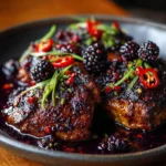 Delicious chicken with blackberry sauce garnished with fresh herbs.