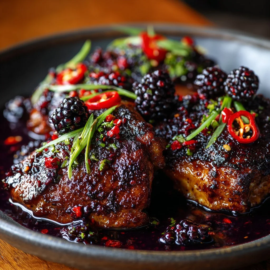 Delicious chicken with blackberry sauce garnished with fresh herbs.