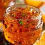 A jar of vibrant Citrus Jelly with slices of oranges and lemons, showcasing its bold color.