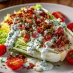 Classic wedge salad with iceberg lettuce, blue cheese dressing, and fresh toppings
