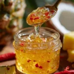 Jar of homemade coconut jam with a spoon