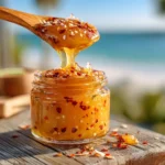 Homemade Coconut Jam in a jar with a wooden spoon