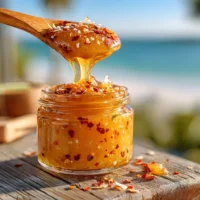 Homemade Coconut Jam in a jar with a wooden spoon