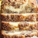 Cream cheese banana bread topped with crumb topping fresh out of the oven