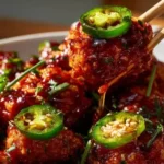 Crispy spicy jalapeño chicken served with dipping sauce on a plate.