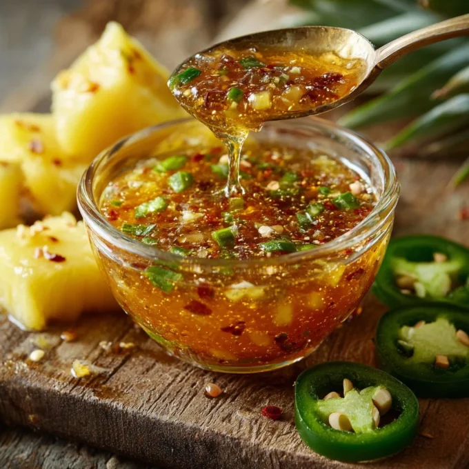 Fiery Pineapple Pepper Drizzle enhances dishes with bold flavors.