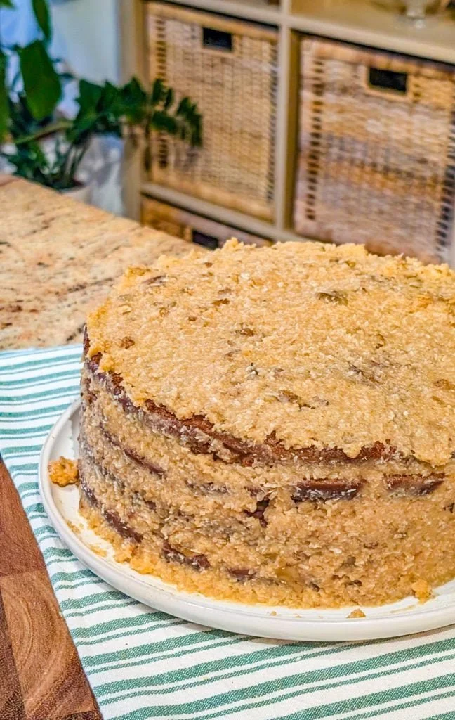 Delicious German Chocolate Layer Cake with coconut and pecan frosting