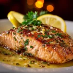 Grilled salmon fillet with zesty lemon butter sauce on a plate