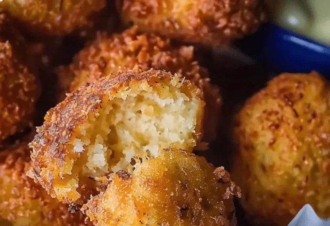 Delicious homemade hush puppies served with dipping sauce on a plate.